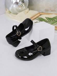 Girls Black Shiny Heart Buckle Chunky Heel Mary Jane Shoes Stage Performance Dress Princess High Heel Pumps - Black - View 2