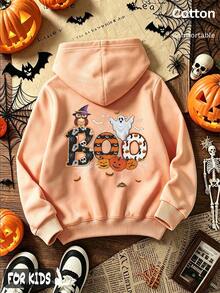 Halloween Girls' Thin Hoodie With Owl, Ghost, Pumpkin & BOO Print, Pink Back Design With Bat And Spider Web Decor - Hami Melon Orange - View 3