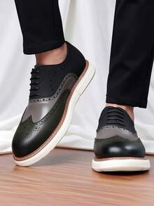 QRLQRL 1 Pair Men's Contrast Color Round Toe Low-Top Lace-Up Brogue PU Upper EVA Sole Non-Slip Flat Heel Casual Shoes Suitable For Weekend Wear - Green - View 5