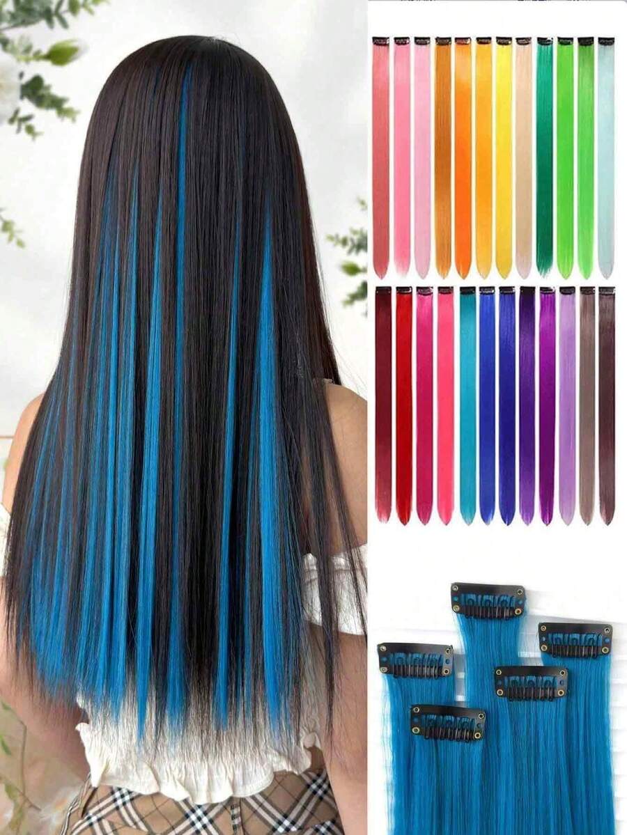 5pcs Blue Hair Clips Hair Extensions, Fashion Long Wigs With Color Options, Blue Long Wigs, Suitable For Daily Use And Parties, Multi-Color Anime Character Cosplay Wigs, Suitable For Cosplay, Festivals, Anime Conventions, Celebrations