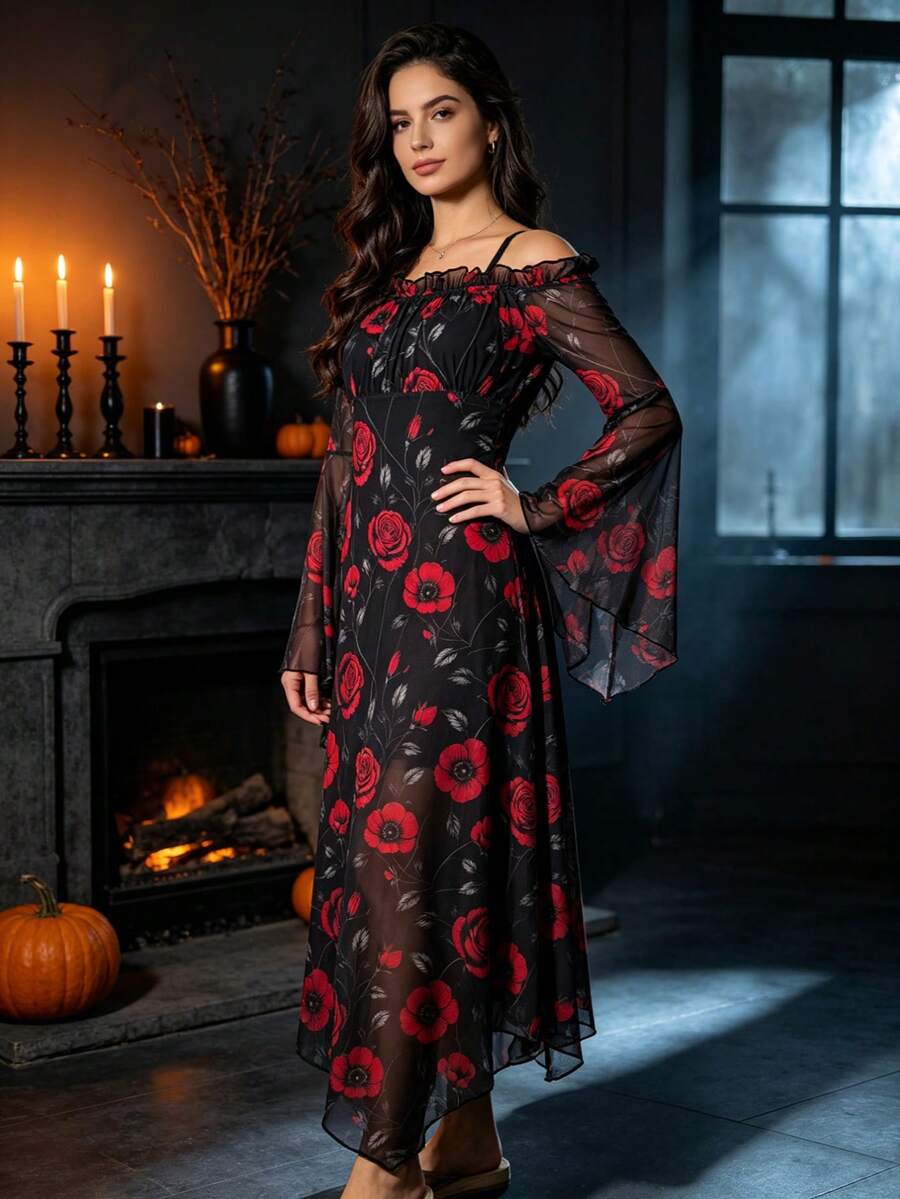 CheersLife Women's Fashion Holiday Festival Print Elegant Ruched Bust Asymmetrical Hem Off-Shoulder Long Sleeve Strap Dress - Red and Black - View 1