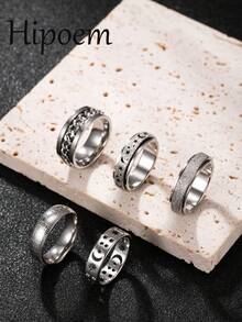 Hipoem 5pcs Fashion Stainless Steel Men's Ring Set With Embossed Chain Star Moon Matte Honeycomb Elements Suitable For Daily Wear Halloween Atmosphere Accessories - Silver - View 5