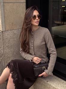 French Gentle Style Ruffle Trim Knitted Cardigan For Women, Early Autumn Short Cropped Gold Button Waist-Cinching Slimming Sweater Jacket, Versatile For Daily Commute And Date - Khaki - View 3