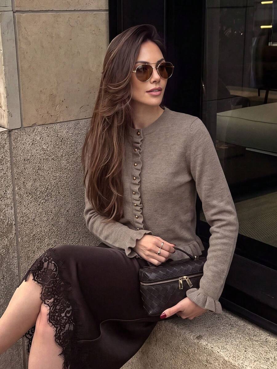 French Gentle Style Ruffle Trim Knitted Cardigan For Women, Early Autumn Short Cropped Gold Button Waist-Cinching Slimming Sweater Jacket, Versatile For Daily Commute And Date - Khaki - View 1