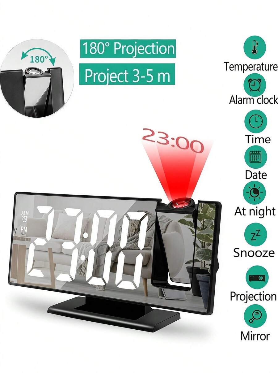 Clock 3D LED Mirror Alarm Clock Smart Projection Digital Alarm Clock With USB Charger Snooze Temperature Auto Electronic Large Time - multicolor - View 1