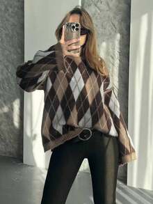 1pc Autumn/Winter Vintage Style Argyle Round Neck Sweater, Soft & Comfortable, Casual Slouchy Contrast Color Knit Pullover - Multicolor - View 8