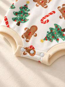 Infant Holiday Atmosphere Bodysuit, Cute Christmas Pattern Round Neck Long Sleeve Snap Closure Romper - Apricot - View 8