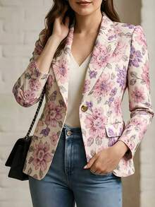 Áo blazer nữ dáng ôm không lót họa tiết in, tay dài, phong cách thanh lịch, phù hợp mặc mùa thu - màu hồng tím - Xem 2