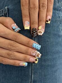 10pcs/Set Y2K Nails Handmade, Cute Nails, Pink Nails, 3D Kitten Pattern Nails & 3D Button Nails, Brown Stripe Nails, Perfect For Parties & Daily Wear. Square Nails. Handmade Press On Nails Square, Short Nails, Fake Nails, Handmade Nails, Fall Nails - Multicolor - View 4