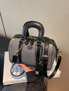 Women Fashionabel Retro Denim‑Print Boston Handbag, Mini PU Spliced Top‑Handle Bag, Chain Decor Crossbody Shoulder Purse With High-End Texture - Multicolor - View 5