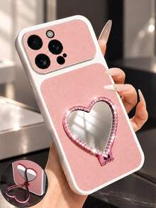MewTrek Casing Ponsel Kulit PU Tekstur Leci Mewah untuk Wanita, Stand Cermin Hati Berlian Imitasi 2-in-1, Bukaan Lensa Besar, Pelindung Anti Guncangan dan Anti Jatuh yang Melindungi Seluruh Tubuh, Cocok untuk iPhone, Galaxy, Honor, Reno, MOTO - Berwarna merah muda - View 12