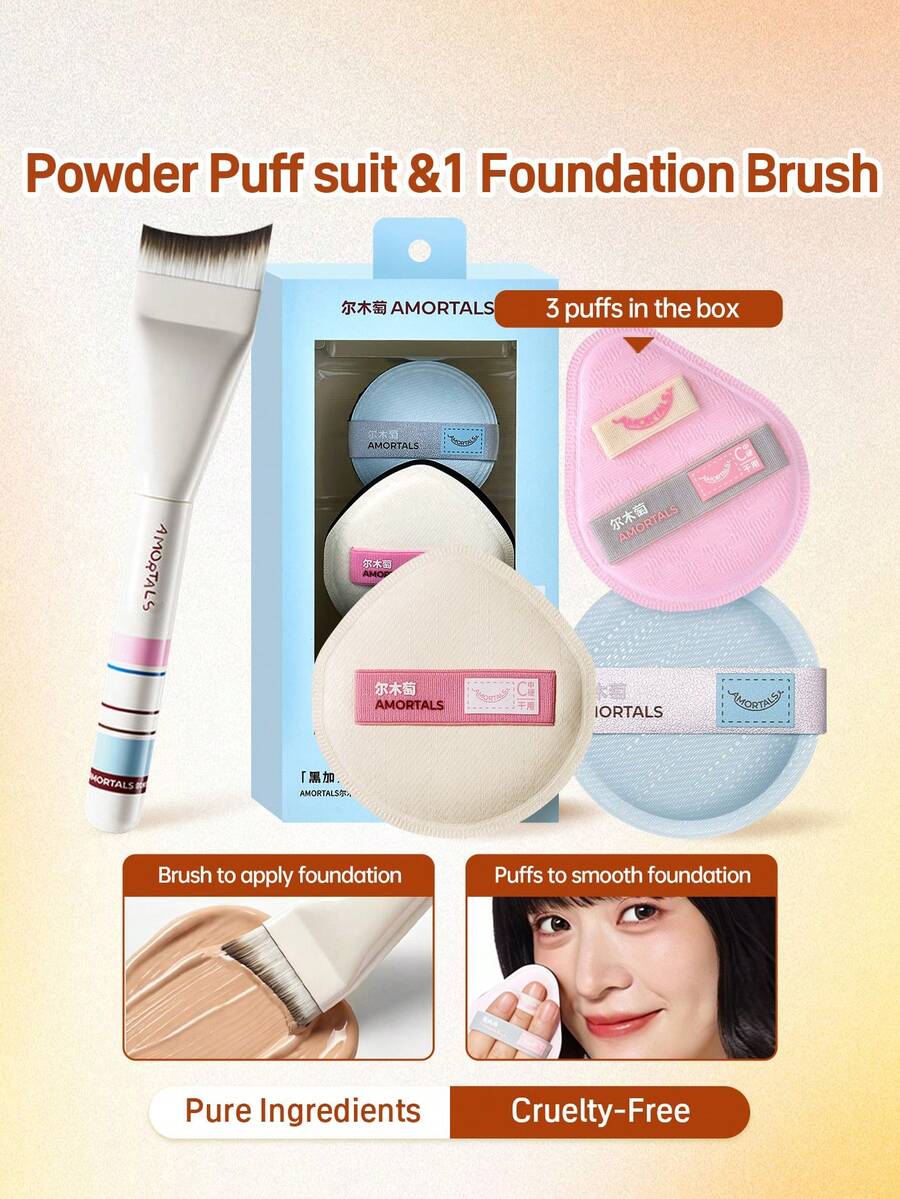 Amortals 4pcs Makeup Tool Set, Teardrop & Pear Shaped Foundation Puff And Round Setting Powder Puff, With Curved Foundation Brush, Soft Skin-Friendly Dry & Wet Dual Use, Suitable For Base Makeup & Setting, Popular Makeup Accessories