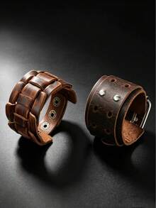2pcs Vintage Dual Style Woven Fashion Textured Bracelets Suitable For Men's Daily Casual Wear Exquisite Bracelet Gift For Men - Brown - View 1