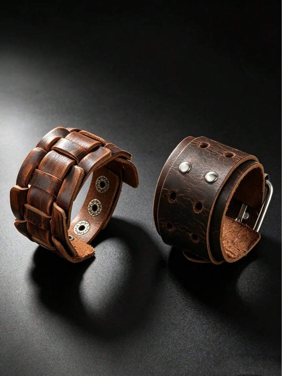 2pcs Vintage Dual Style Woven Fashion Textured Bracelets Suitable For Men's Daily Casual Wear Exquisite Bracelet Gift For Men - Brown - View 1