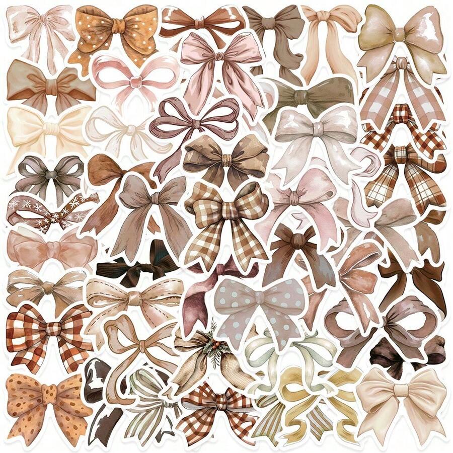 50Pcs Brown Bow Sticker Pack, Vintage Plaid Ribbon Bow Decals, Decorative Stickers For Water Bottle, Laptop, Phone Case, Journal, Scrapbook, Coquette Aesthetic Decor - A - View 1
