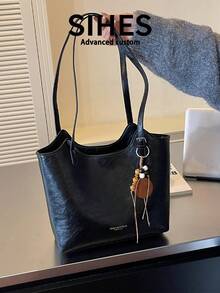 1pc Solid Color PU Leather New Women's Bag, Shoulder Bag, Fashion Versatile Handbag, Tote Bag, Dual Handles, Zipper Closure, Suitable For Commuting, Shopping, Dating, - Black - View 8