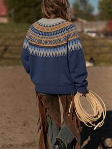 Western Boho Fair Isle Geometric Print Casual Sweater For Women, Autumn Outfit, Vacation Wear - Blue - View 6
