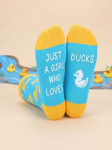 3/1 Pair Novelty Colorblock Little Yellow Duck Mid-Calf Socks With Letter Design On Sole, Soft Comfortable Street Style Printed Socks, Unisex - Multicolor - View 6