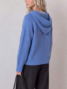 Women's Blue Hooded Knit Cardigan Jacket With Zipper, Short Length Long Sleeve, Suitable For Autumn/Winter - Blue - View 2