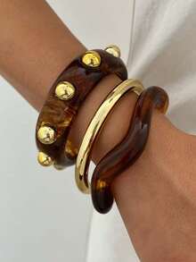 3/1pc Vintage Elegant Fashion Acrylic Marbled Wave Bracelet Set, CCB Smooth Plain Bangle, Suitable For Women's Daily Wear - Multicolor - View 12