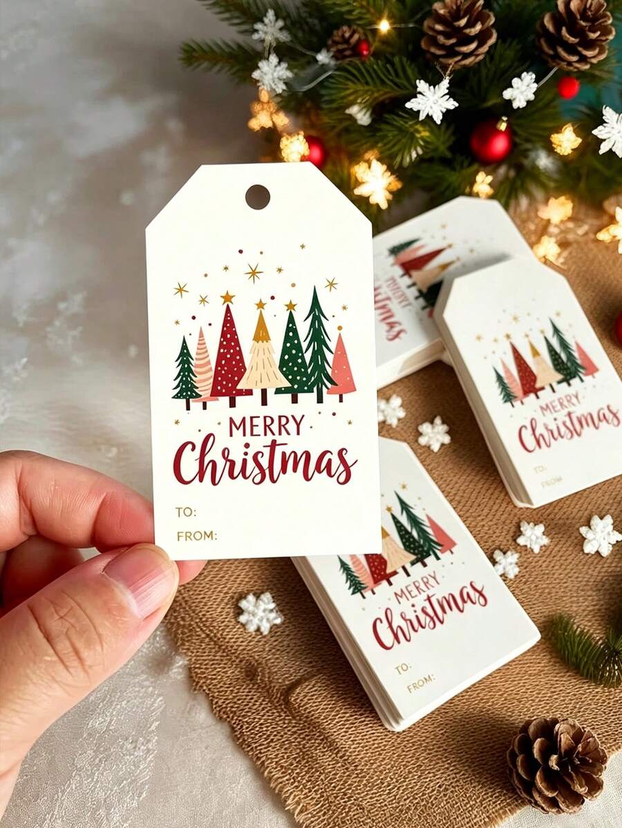 100/50/25pcs Christmas Gift Tags With Jute Rope, Merry Christmas Rope Tags, Classic Christmas Holiday Gift Tags, Christmas Paper Gift Tags, Christmas Tree Gift Tags, Personalized Party Favor Candy Bag Tags, DIY Handmade, Christmas Party - Multicolor - View 1