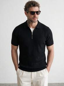 Men's Striped Zip-Up Polo Collar Slim Fit Short Sleeve Sweater - Black - View 2