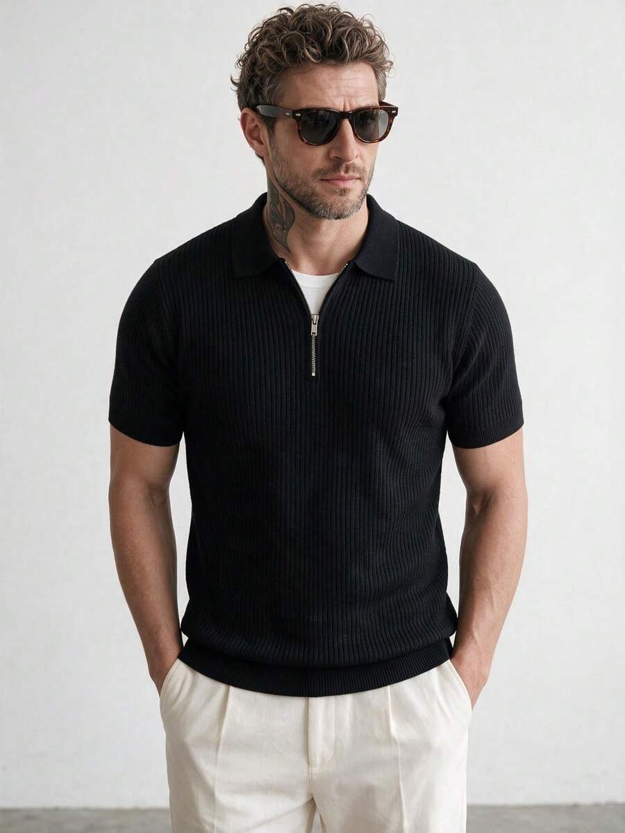 Men's Striped Zip-Up Polo Collar Slim Fit Short Sleeve Sweater