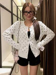 女款圓領針織開襟衫，寬鬆慵懶顯瘦短版外套上衣 - 白色 - 查看 7