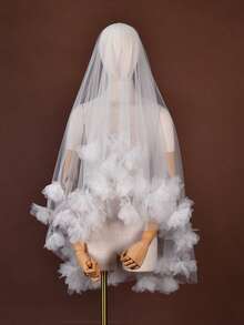 Double-Layer 3D Floral Tulle Mid-Length Bridal Veil Featuring Large Handmade Flower Embellishments-Perfect For Weddings And Photoshoots. - Multicolor - View 11