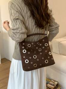 Fashion Metal Eyelet Decor Handbag, Adjustable Strap Versatile Crossbody Bag Shoulder Bag, Suitable For University, Commuting, Shopping, Street Strolling, Daily Use. - Coffee - View 7
