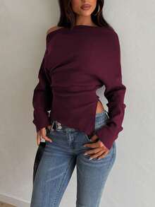 Sweater Kasual Minimalis Elegan dan Glamor, Atasan Rajut Pas Badan dengan Bahu Asimetris untuk Perjalanan Sehari-hari - Burgundy - View 2