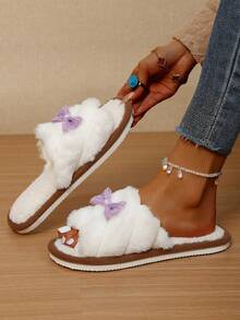Purple Bow Open Toe Plush Slippers Women Autumn/Winter Indoor Warm Fuzzy Slippers - Purple - View 5