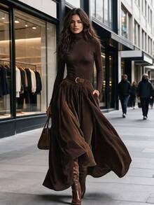 Women's Vintage Brown Corduroy Long Dress, High Waist Tie A-Line Flowy Maxi Dress, Autumn/Winter Holiday Outfit, Thanksgiving, Christmas, New Year - Coffee Brown - View 2