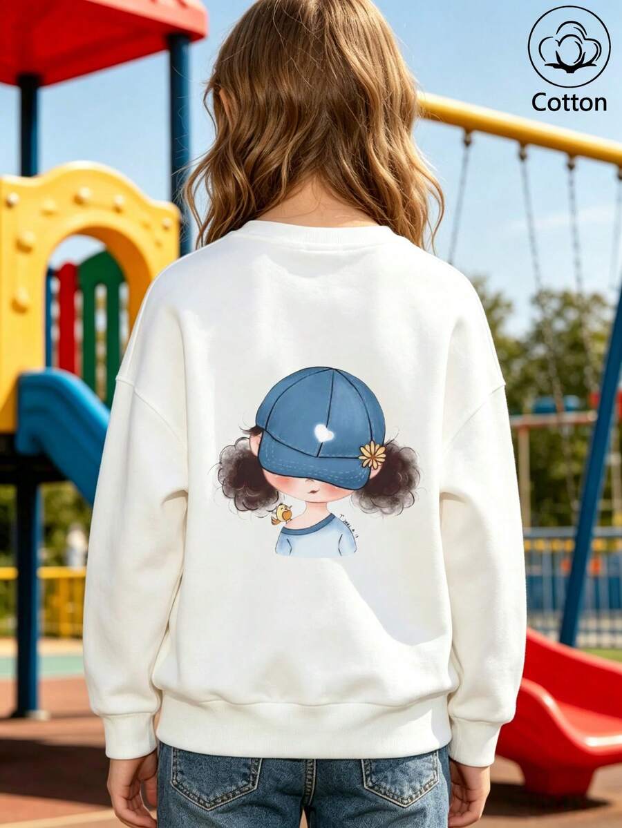 Girls' Cute Printed Drop-Shoulder Round-Neck Long-Sleeve Casual Sports Sweatshirt - White - View 1
