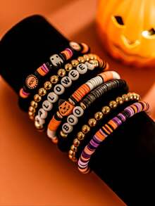7pcs/Set European And American Halloween Theme Multi-Layer Stacked Bracelets, Punk Gothic Style Stacked Letter Jewelry, Party Cosplay Accessories, Creative Holiday Small Gift - Multicolor - View 4