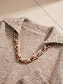JIANHU Autumn/Winter Casual Sweater, Decorated With Crochet Lace Trim And Ribbed Cuffs - Khaki - View 7