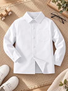 Young Boy Simple Classic Solid Color College Style Long Sleeve Shirt - White - View 2
