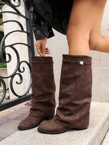 1 Pair Popular Ruched Stacked Boots, Fashionable Buckle Flat Sole, Solid Color Western Style Casual Ultra-Fine Fiber Leather Mid-Calf Boots, Suitable For Autumn/Winter Holiday Gatherings - Brown - View 4