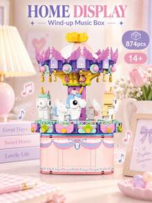 1pc 782/836pcs Mechanical Wind-Up Music Box Building Blocks, 2 Styles Available, Rotates While Playing Music, Dreamy Carousel & Space Exploration Mini Block Toy, Desktop Ornament Decoration, Creative Gift - Clear - View 10