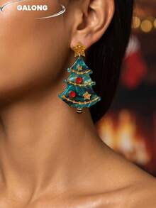 Colorful Sequin Christmas Tree Earrings For Women, Gold Star Acrylic Pendant, Y2K Sweet Cool Quirky Holiday Party Exaggerated Earrings - Gold and Green Christmas Tree - View 4