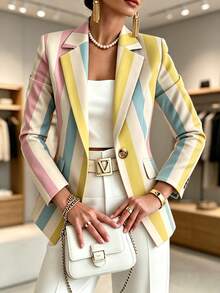 Women's Fashion Long Sleeve Polyester Striped Blazer, Regular Length, Non-Stretch, Suitable For Autumn Wear - Yellow and Pink - View 1