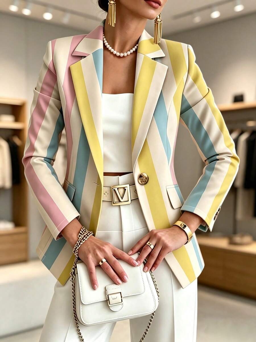 Women's Fashion Long Sleeve Polyester Striped Blazer, Regular Length, Non-Stretch, Suitable For Autumn Wear - Yellow and Pink - View 1