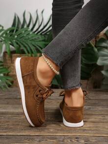 Khaki Suede‑Effect Lace‑Up Casual Shoes, Fine Contrast Edge Stitching, Simple Thick‑Sole Women Moccasins For Outdoor Wear - Brown - View 6