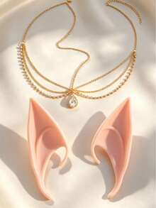 2pcs Halloween Costume Accessories Set, Soft Silicone Pointed Elf Ears & Gold Rhinestone Forehead Chain, Suitable For Women, Halloween Party, Masquerade Ball, Renaissance Fair, Fantasy Cosplay - Multicolor - View 4