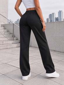 Women Thermal Lined Sweatpants Wide Leg High Waisted Drawstring Pants With Zipper Pockets Casual Loose Fit Lounge Trousers - Black - View 5