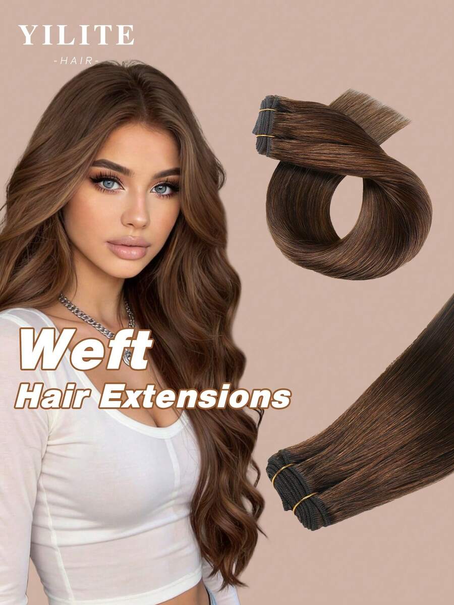 YILITE 22 Inch 100g Cokelat Tua #4 Rambut Manusia Asli Weft Sew In Hair Extensions Rambut Manusia Asli Buatan Tangan Tebal Menambah Volume - S4 - View 1