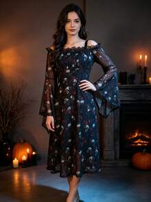 Women's Fashion Vacation Elegant Holiday Print Ruched Bust Ruffle Long Sleeve Camisole Dress - Black - View 3