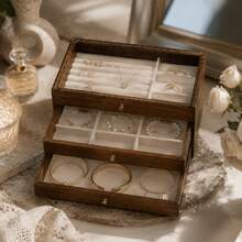 3-Layer Jewelry Storage Box With Multi-Layer Drawer Compartments, Velvet Lining Organizer Box For Rings, Necklaces And Bracelets - Brown - View 3