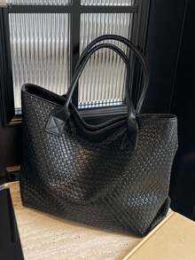 Women's Large Capacity Solid Color Woven Texture Tote Bag, Unique Design Shoulder Handbag, Versatile For Commuting, Shopping And Daily Outings - Black - View 4