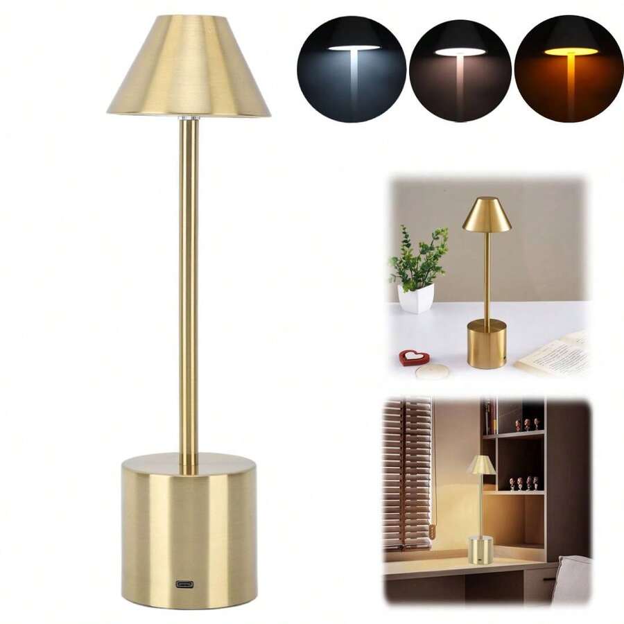 Rechargeable LED Table Lamp, 3 Adjustable Color Modes, Portable Wireless Metal Design For Bedroom, Dining Room, Outdoor, And Living Room, Gold Color - gold-1pc - View 1